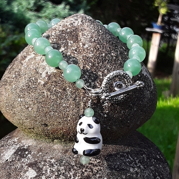 Recycled Reanee Jewelry - 8" Green Aventurine and Panda beaded bracelet